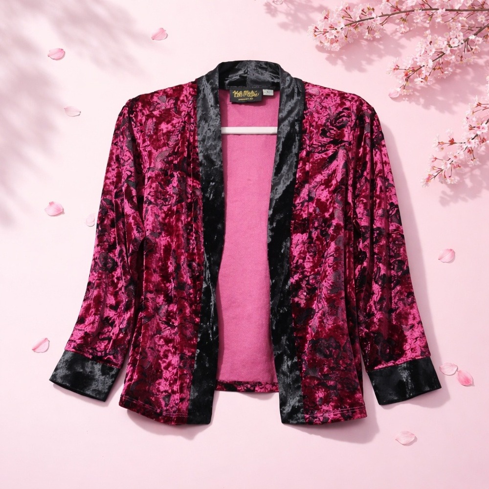 Bob Mackie Wearable Art L Maroon Black Crushed Velvet Cutout Jacket Pockets NEW